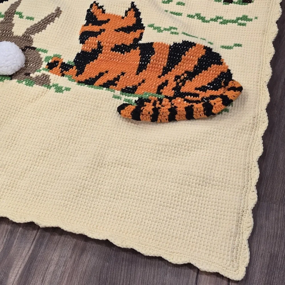 Yellow Knit‎ Vintage Handmade Baby Nursery 3D Tails Animal Throw Blanket 47x36